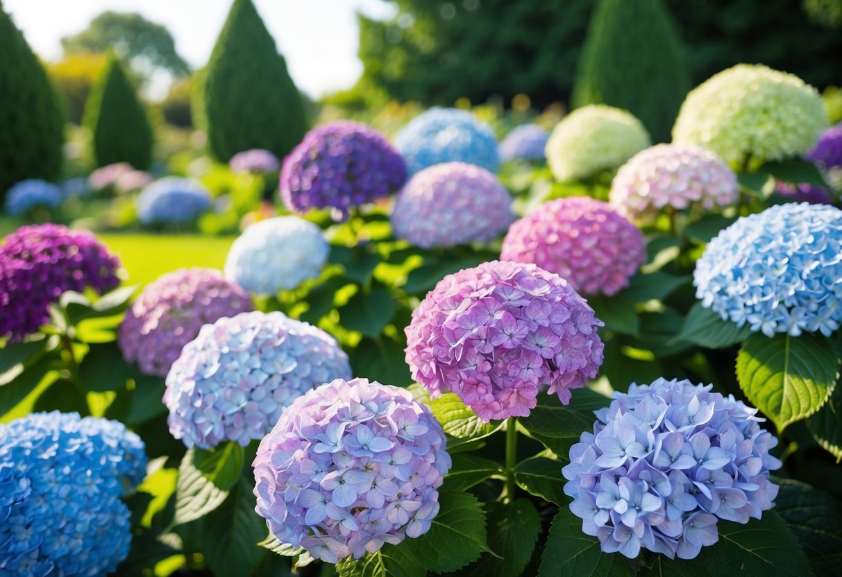 A garden with various hydrangea varieties in bloom, showcasing their unique features and colors