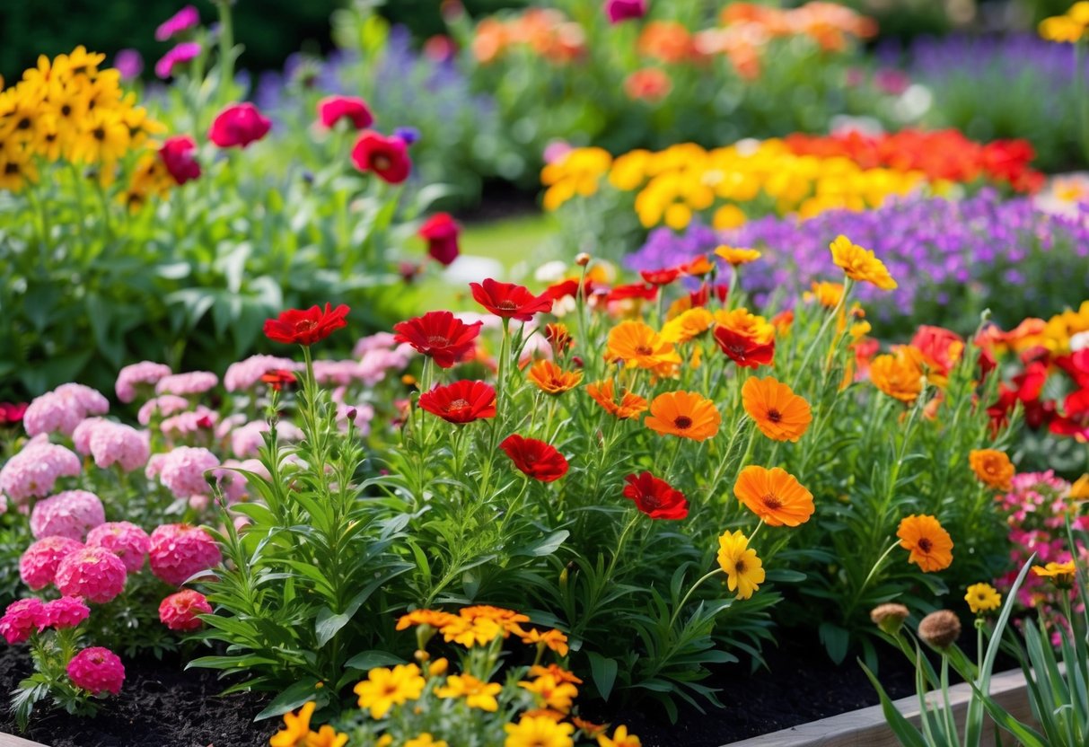 A vibrant garden bed bursting with colorful, long-lasting flowers in full bloom