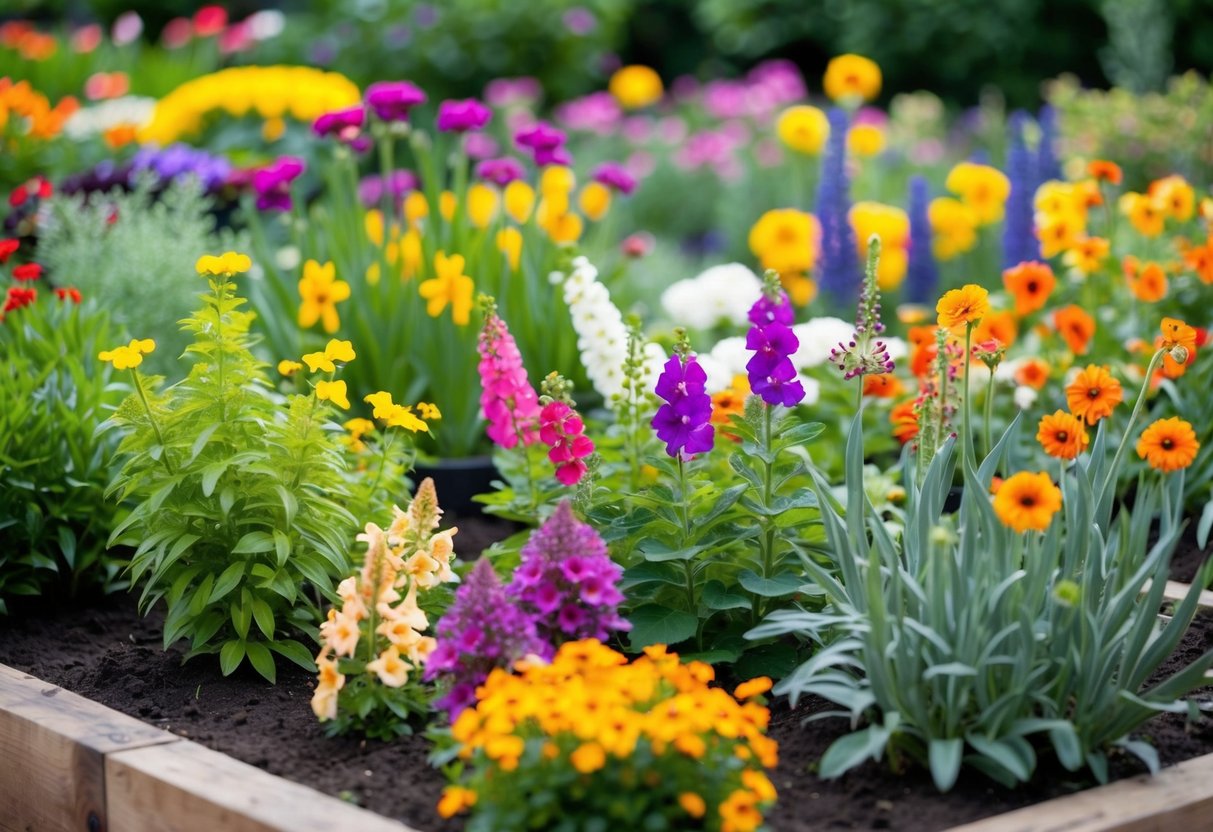 A garden bed filled with a variety of colorful, long-flowering plants in full bloom, creating a vibrant and lively display