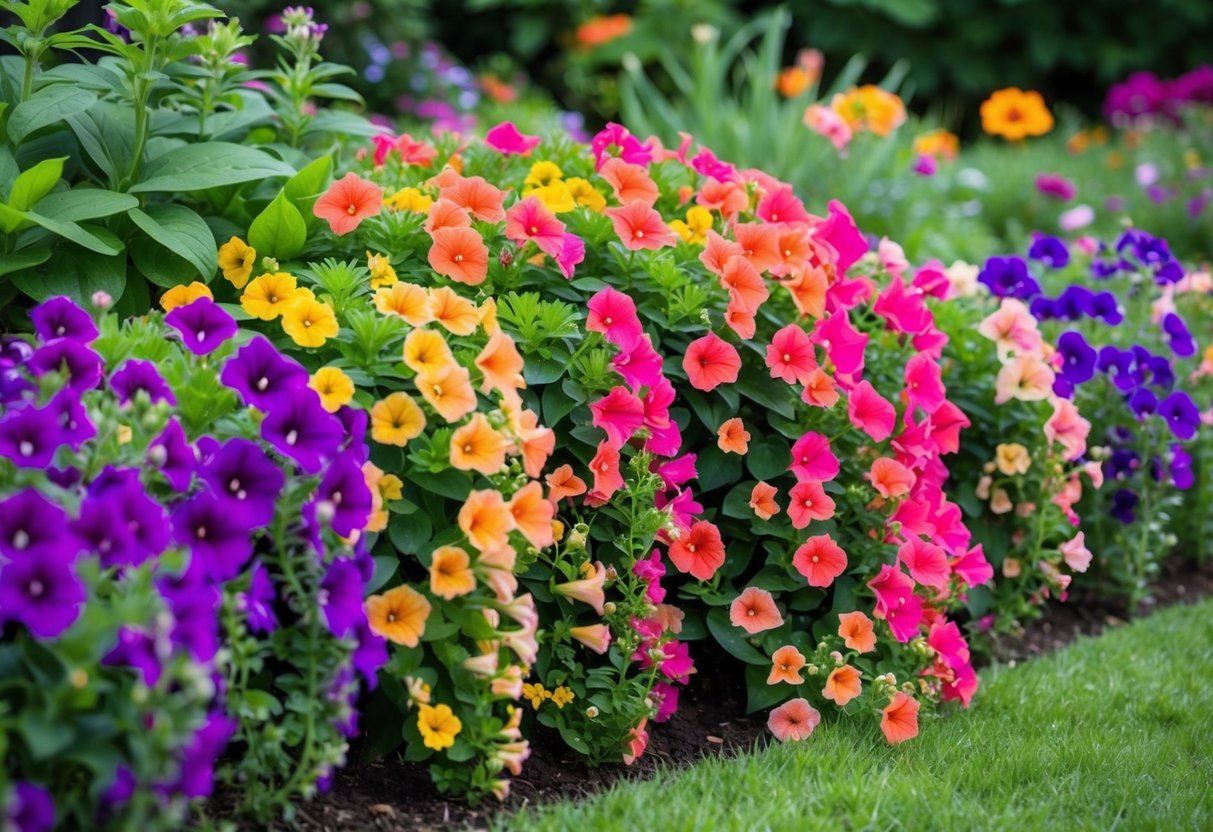 A garden bed bursting with cascading waves of colorful, long-flowering petunias and trailing verbena, surrounded by lush green foliage and vibrant blooms