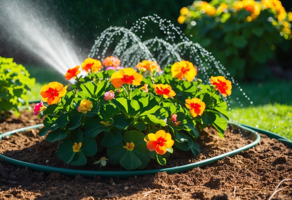 A lush garden bed with vibrant begonias thriving in dappled sunlight, surrounded by rich, well-draining soil and a gentle mist from a nearby watering system