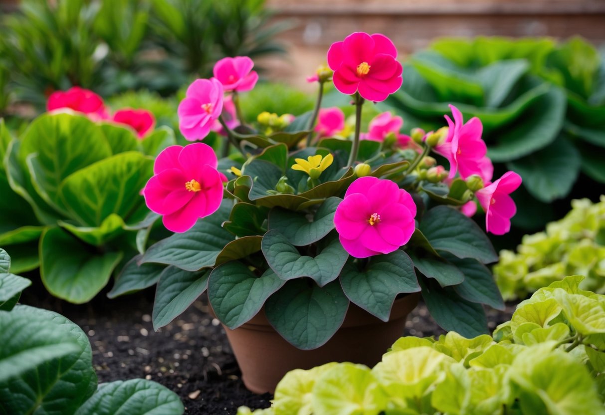 A lush, vibrant begonia plant thrives in a well-tended garden, surrounded by healthy, green foliage