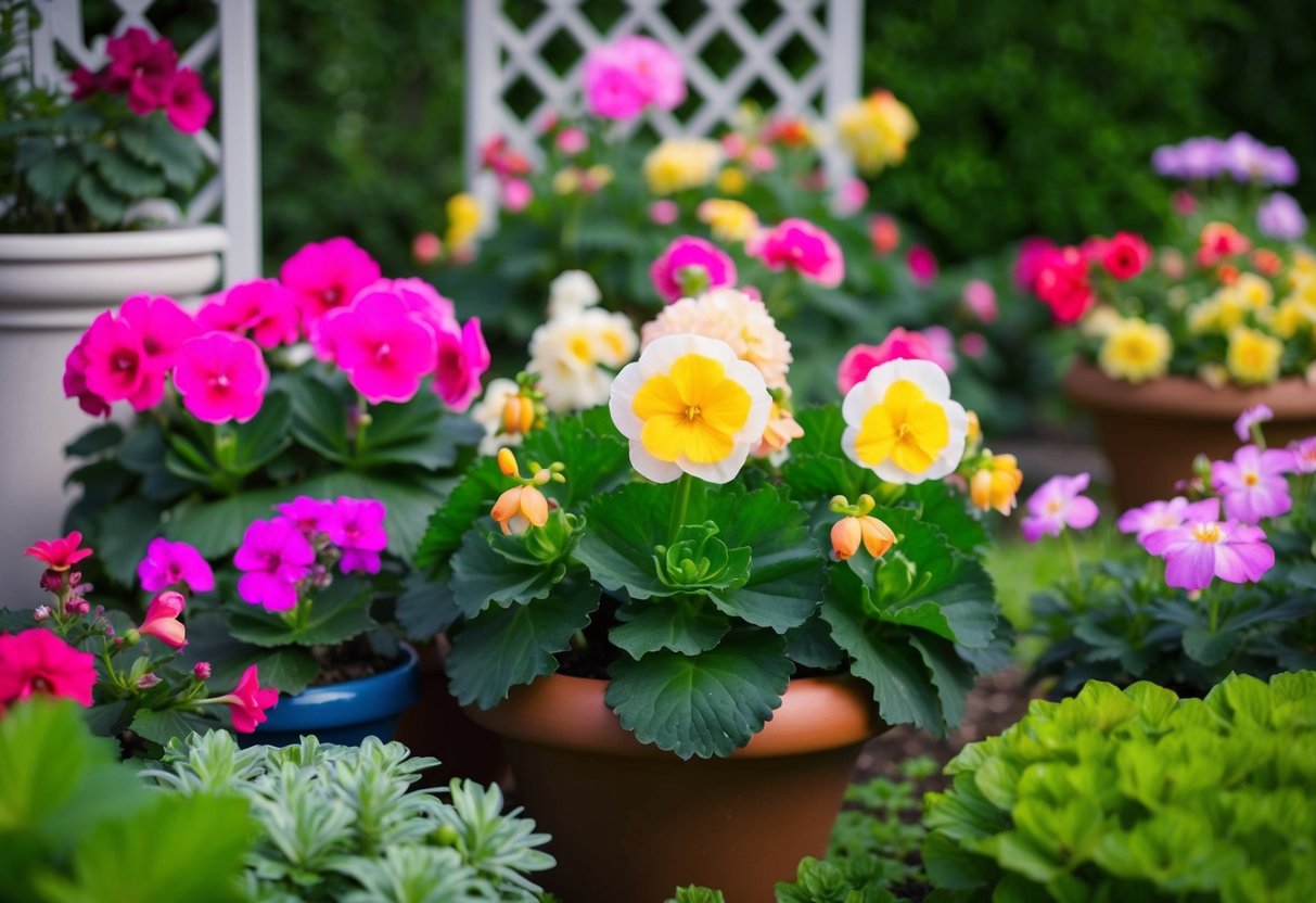 A lush garden with vibrant begonias blooming among other perennial flowers, surrounded by decorative pots and a trellis