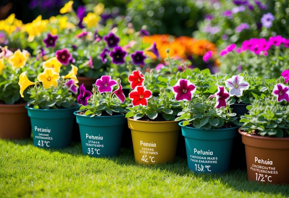 A sunny garden with various petunia varieties in pots, each labeled with their specific temperature needs