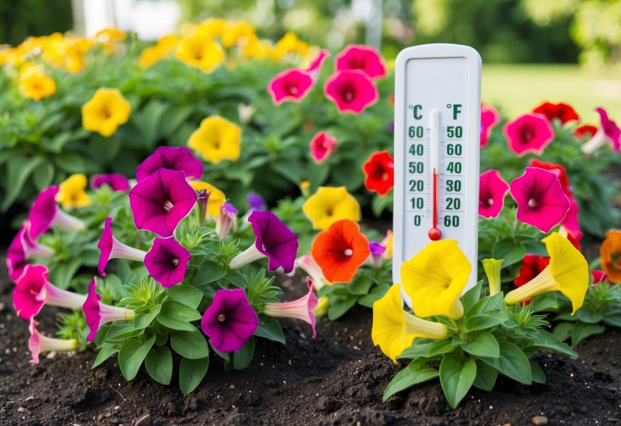 A sunny garden with colorful petunias thriving in soil, with a thermometer displaying the ideal temperature for their growth