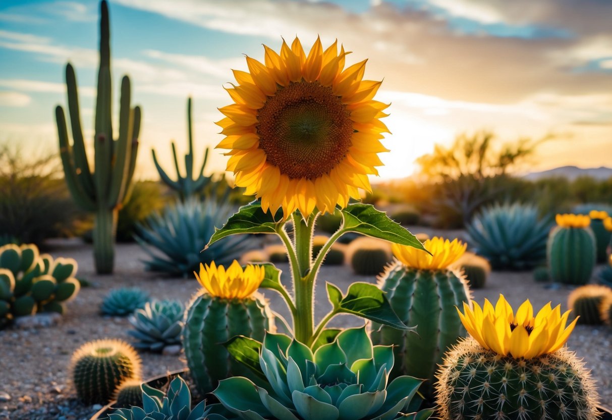 A vibrant sunflower basking under the scorching sun, surrounded by drought-resistant succulents and cacti in a desert garden