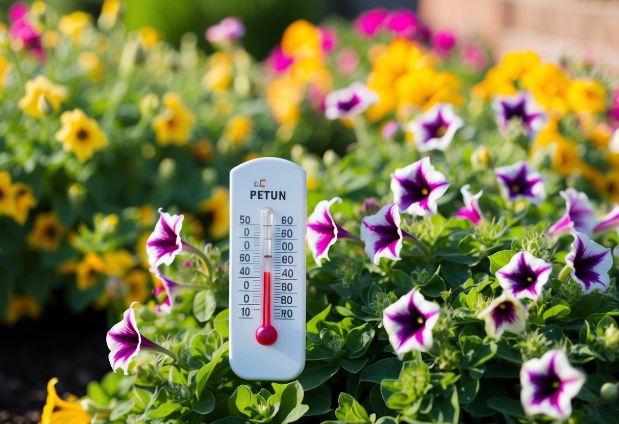 A sunny garden with a thermometer showing the ideal temperature for petunias. The flowers are thriving in the warm, but not scorching, weather