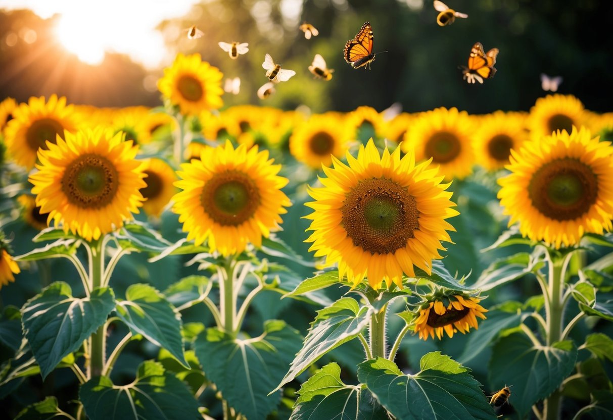 Vibrant sunflowers basking in the hot sun, surrounded by buzzing bees and fluttering butterflies in a lush, pollinator-friendly garden