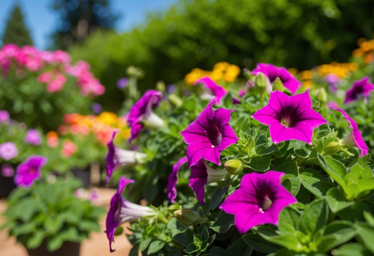 A sunny garden with petunias thriving in a temperate climate, shielded from pests and diseases