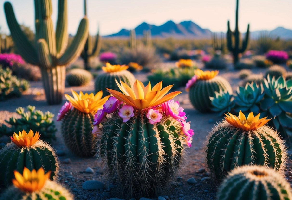 A vibrant desert landscape with cacti and succulents blooming in the scorching heat, showcasing the resilience of drought-tolerant flowers