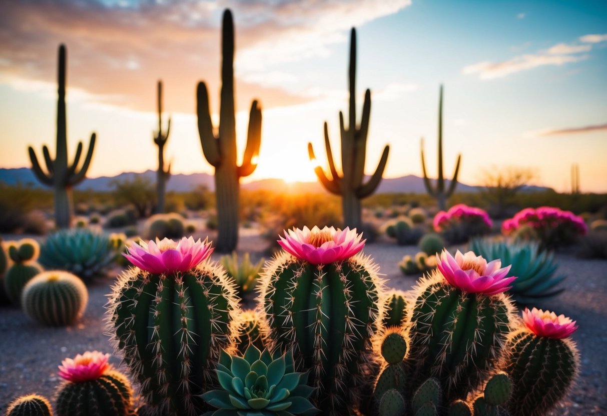 A vibrant desert landscape with cacti and succulents blooming under the scorching sun