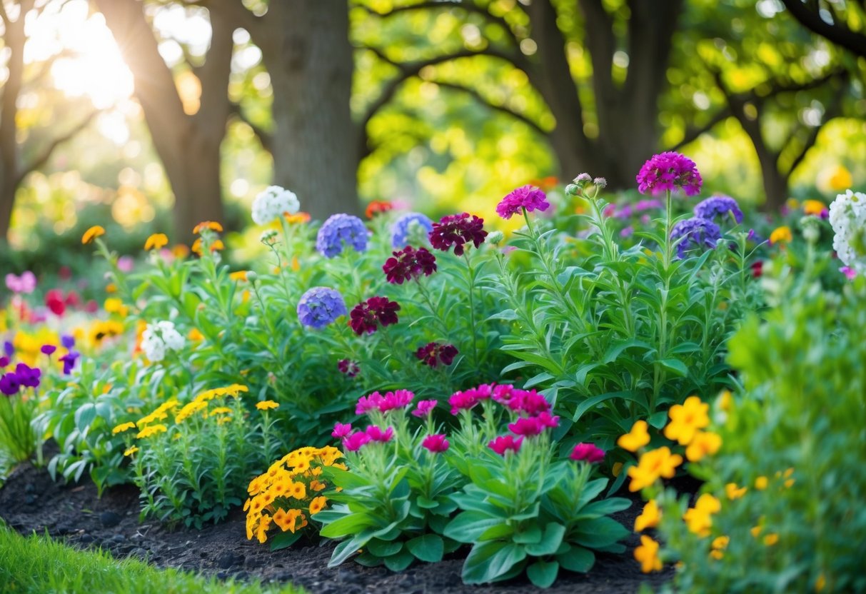 A lush garden bed filled with vibrant shade-loving annual flowers in various hues, surrounded by dappled sunlight filtering through the trees