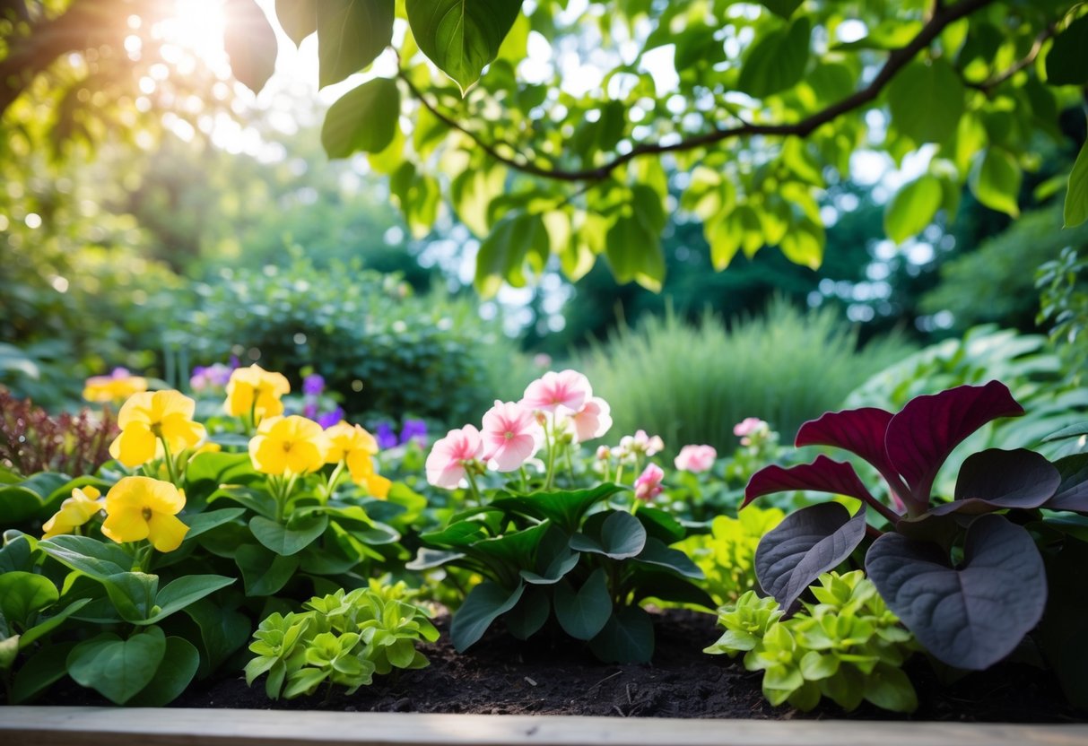 A lush, shaded garden bed with impatiens, begonias, and coleus thriving under the dappled sunlight filtering through the leafy canopy above