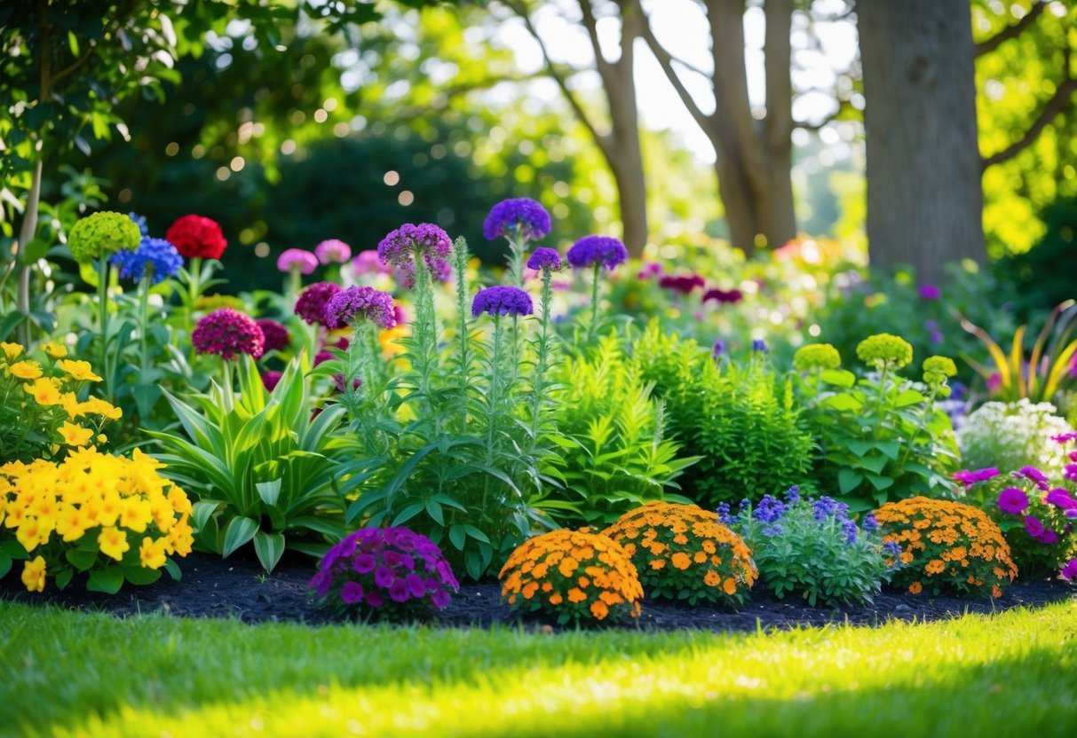 A lush garden bed filled with vibrant shade-loving annual flowers in various colors and textures, surrounded by dappled sunlight filtering through the trees