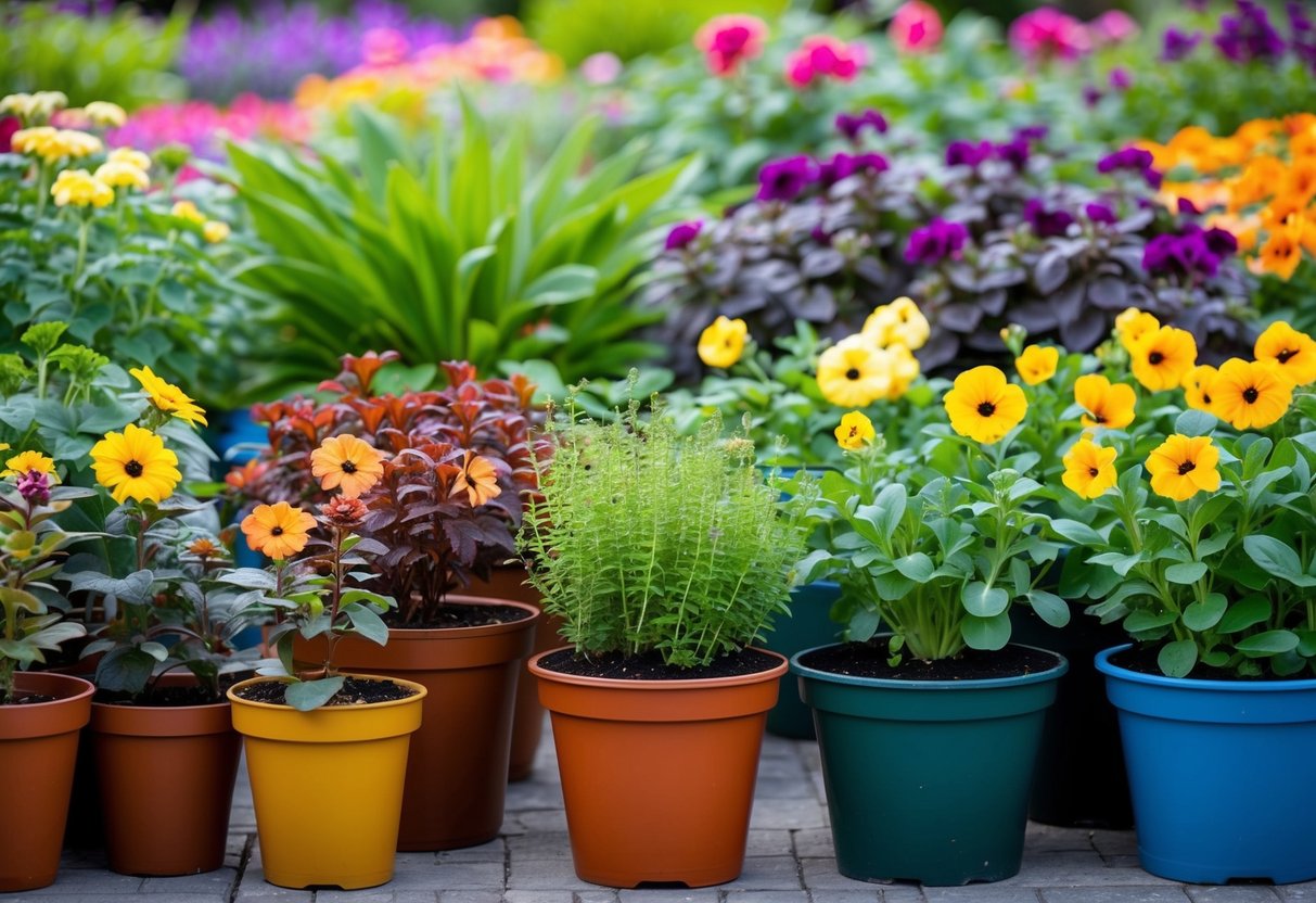 A colorful array of bedding plants thriving in various sized pots, displaying different stages of growth from seedlings to fully bloomed flowers