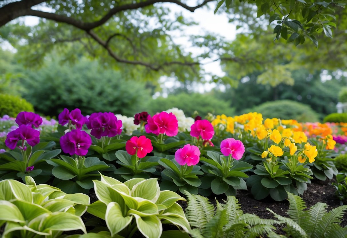 Colorful impatiens and begonias bloom under a canopy of leafy trees. Hostas and ferns fill in the lower layers, creating a lush, shaded garden bed