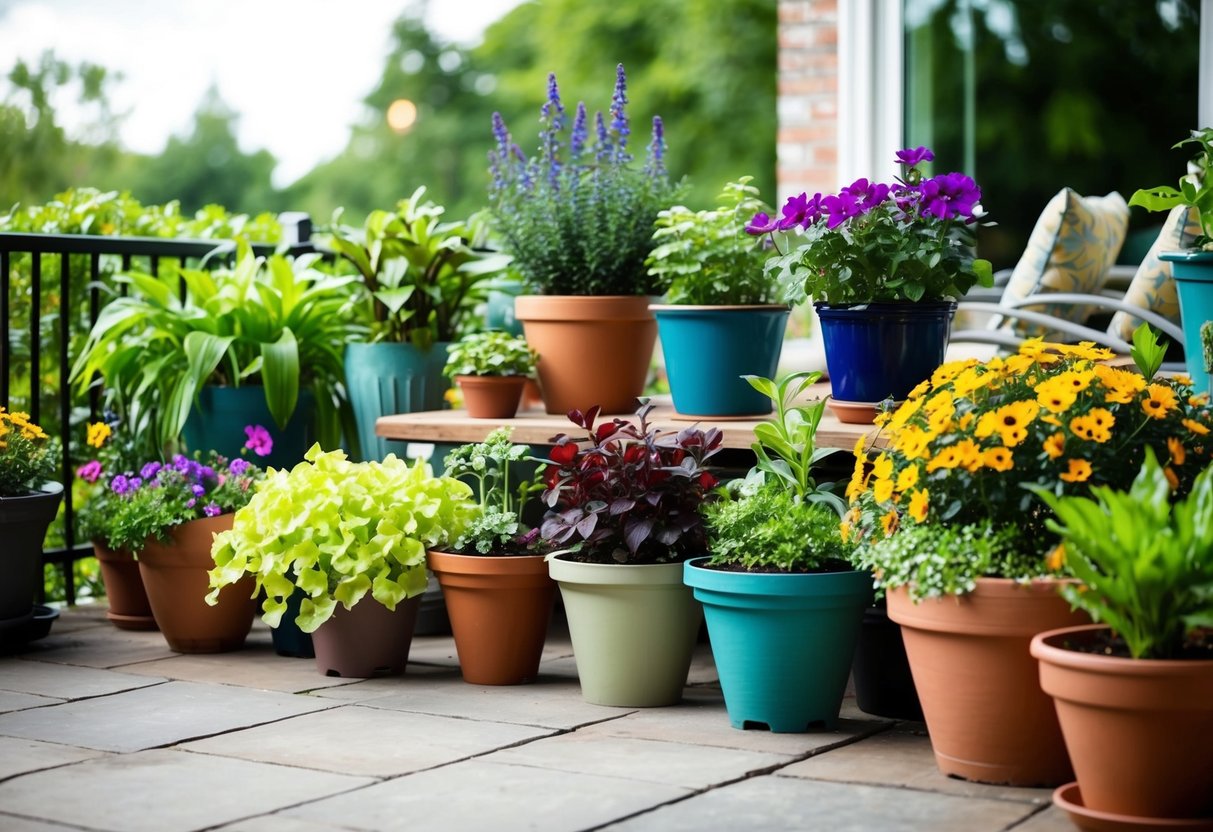 A variety of potted plants arranged on a patio, with colorful bedding plants spilling over the edges, surrounded by lush green foliage