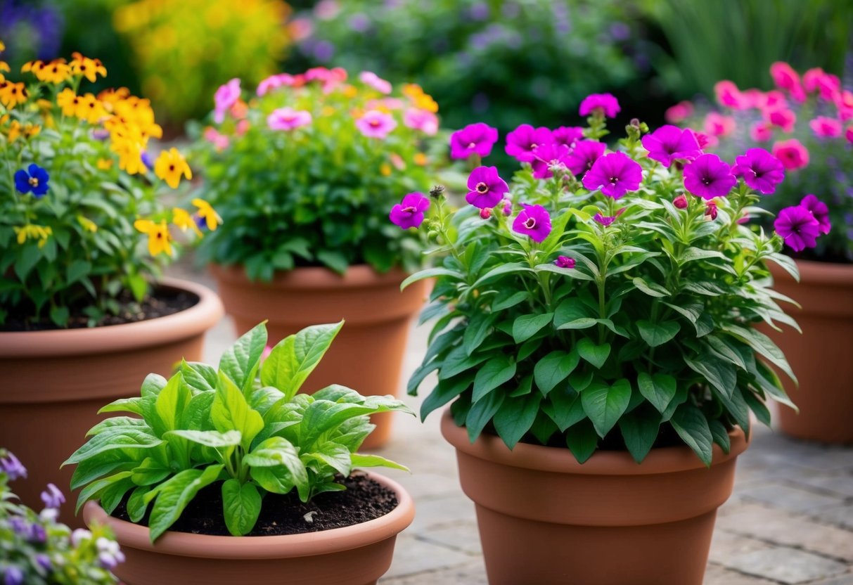 Several colorful bedding plants in pots, thriving with vibrant blooms and lush foliage. Some may be perennials, growing back each year