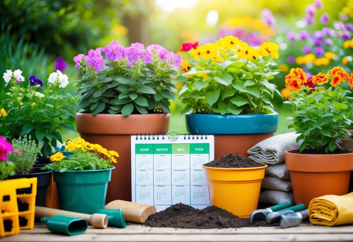 A variety of bedding plants in pots, blooming in different colors and sizes, surrounded by gardening tools and bags of soil, with a calendar showing all four seasons