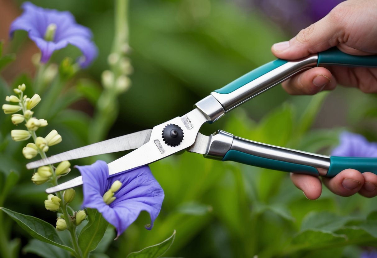 A pair of gardening shears snipping off spent lobelia flowers