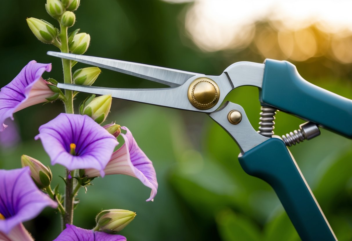 A pair of gardening shears snipping off spent lobelia flowers, with new buds visible nearby