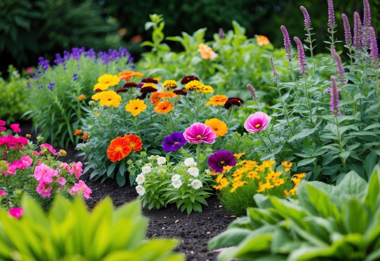 A garden bed with colorful blooms of hardy perennials in various shapes and sizes, surrounded by lush green foliage