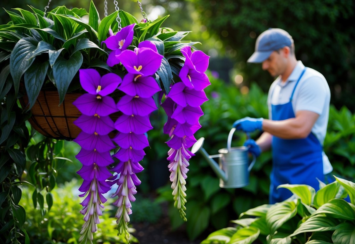 Vibrant lobelia blooms cascade from a hanging basket, surrounded by lush green foliage. A gardener carefully prunes spent flowers, while a watering can sits nearby