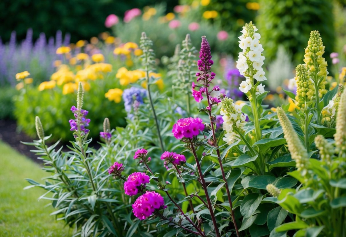 A garden with a variety of blooming perennials, showing different stages of growth and care, with a clear indication of their hardiness and ability to come back year after year