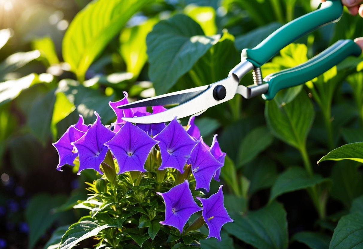 A pair of gardening shears hovers over a vibrant cluster of lobelia flowers, ready to snip away any spent blooms. The surrounding garden is lush and well-tended, with sunlight filtering through the leaves