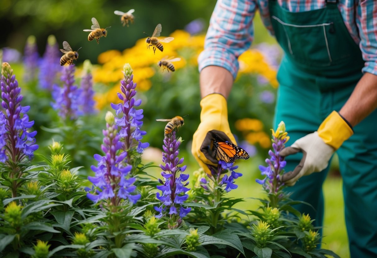 A gardener deadheads lobelia, surrounded by buzzing bees and fluttering butterflies in a vibrant garden