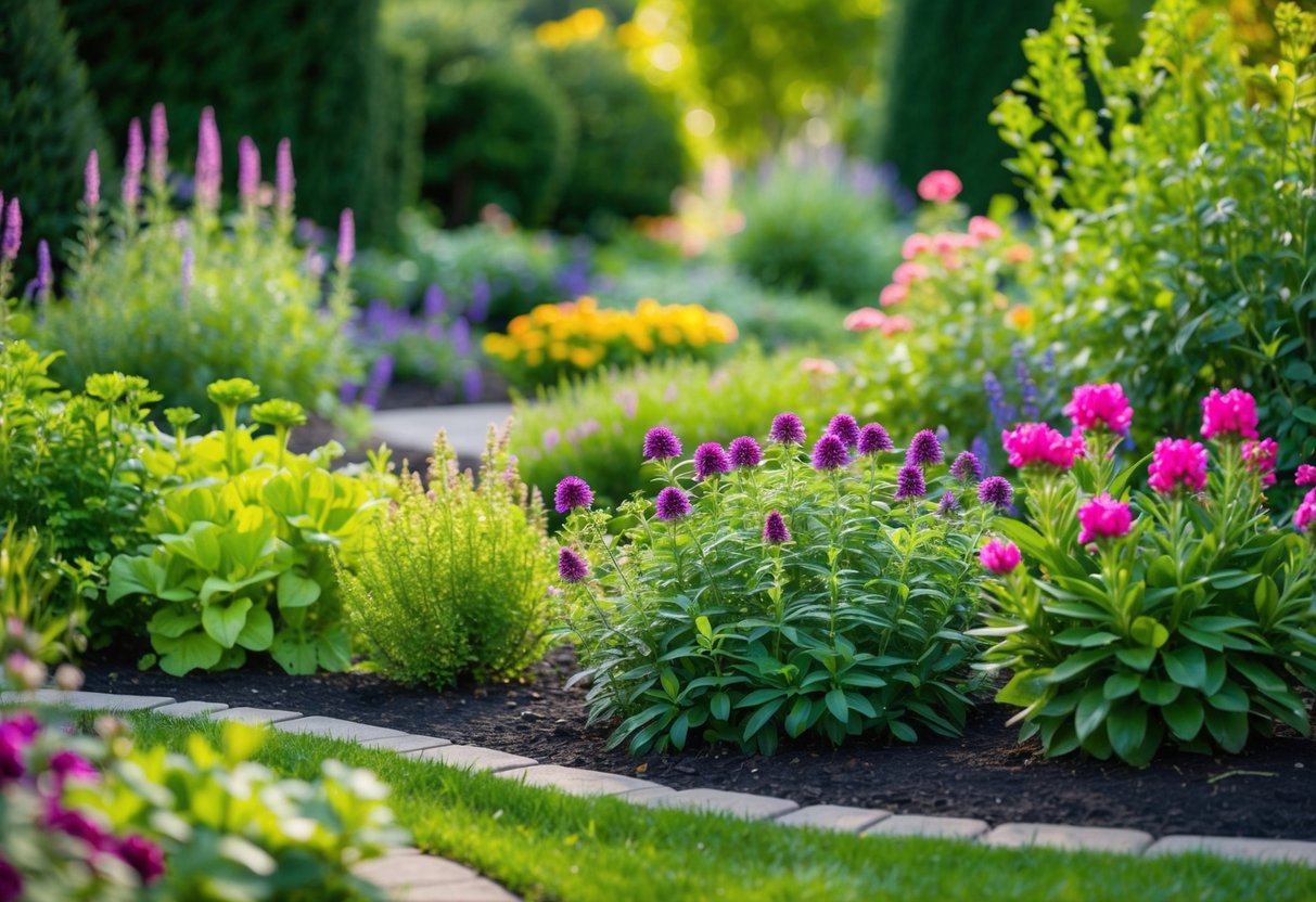 A garden with vibrant, blooming perennials surrounded by lush greenery and well-maintained landscaping, showcasing their hardiness and ability to return year after year