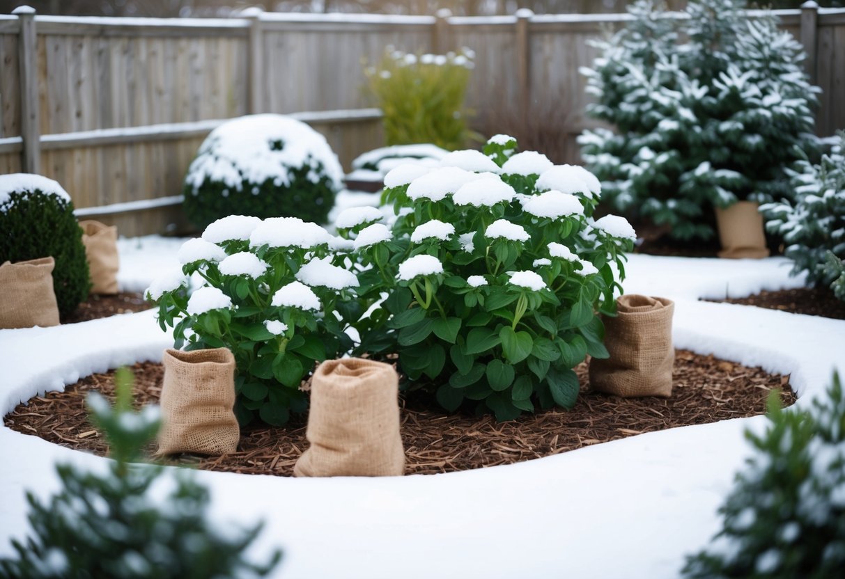 A garden with snow-covered perennial plants surrounded by protective mulch and burlap wraps