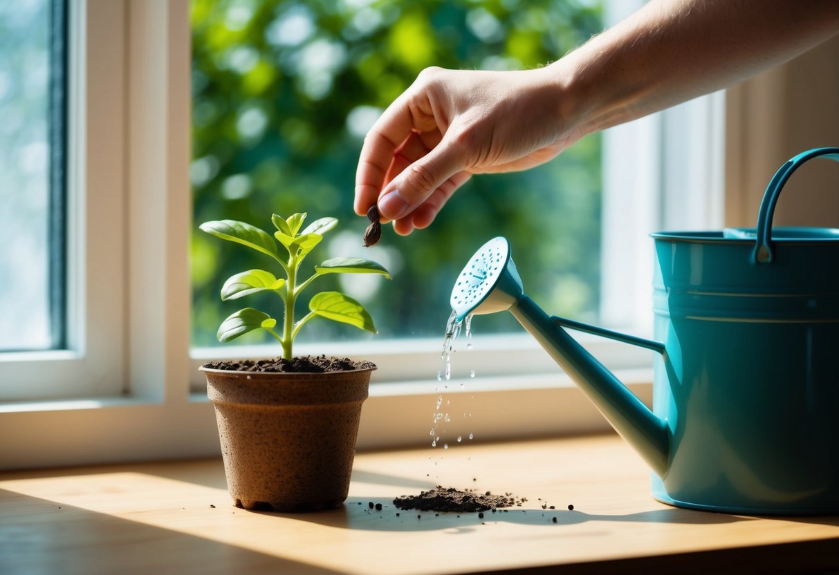 A hand reaching into a pot of soil, dropping a seed in. A watering can nearby. Sunlight streams in through a window