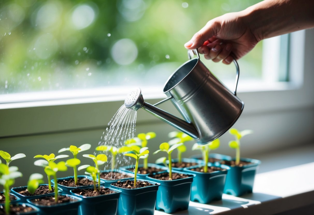 A hand holding a small watering can gently sprinkling water on a row of delicate seedlings in small pots, placed on a sunny windowsill