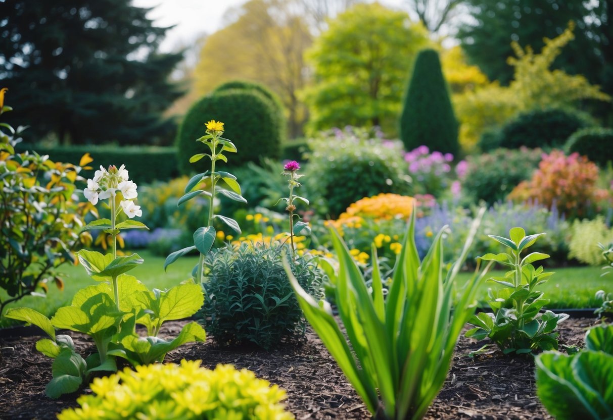 A garden with a variety of plants, some in full bloom and others just sprouting, surrounded by trees and changing foliage to depict the different seasons