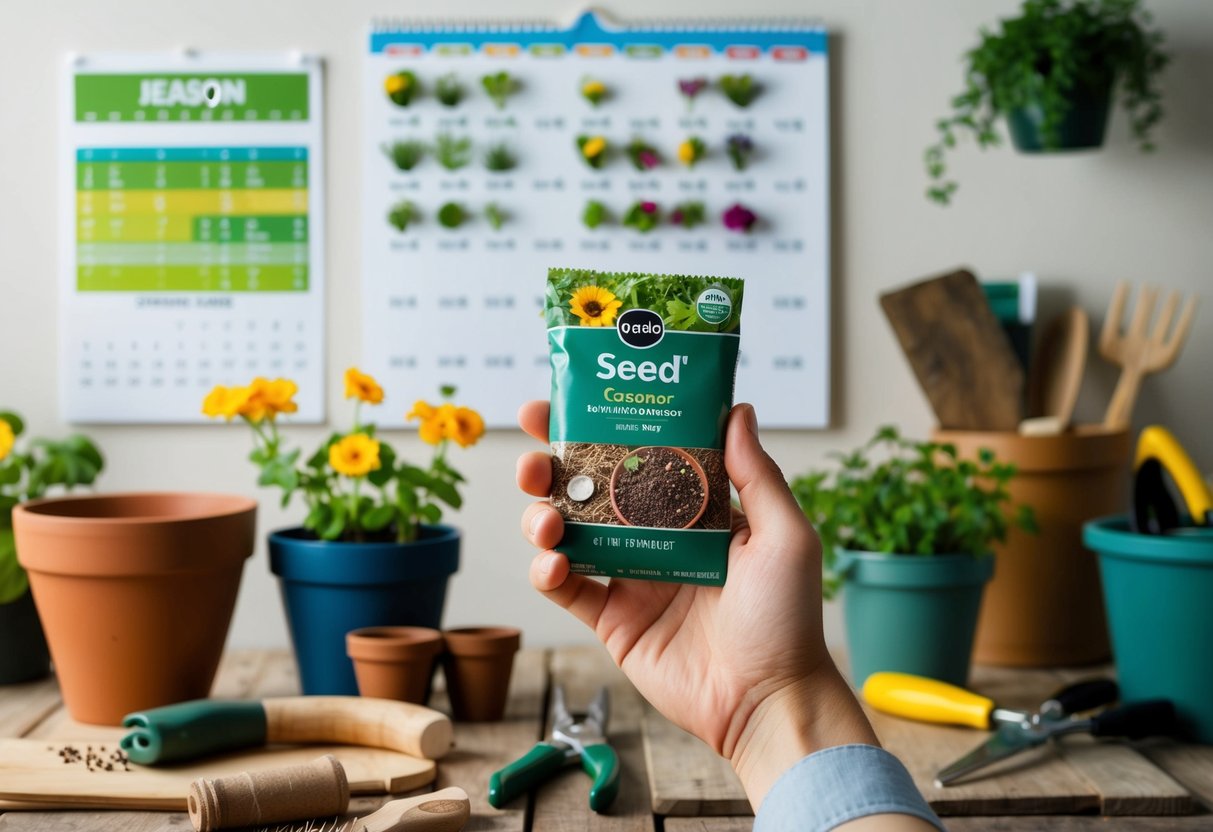 A hand holding a seed packet, with various pots and gardening tools nearby. A calendar on the wall shows different seasons