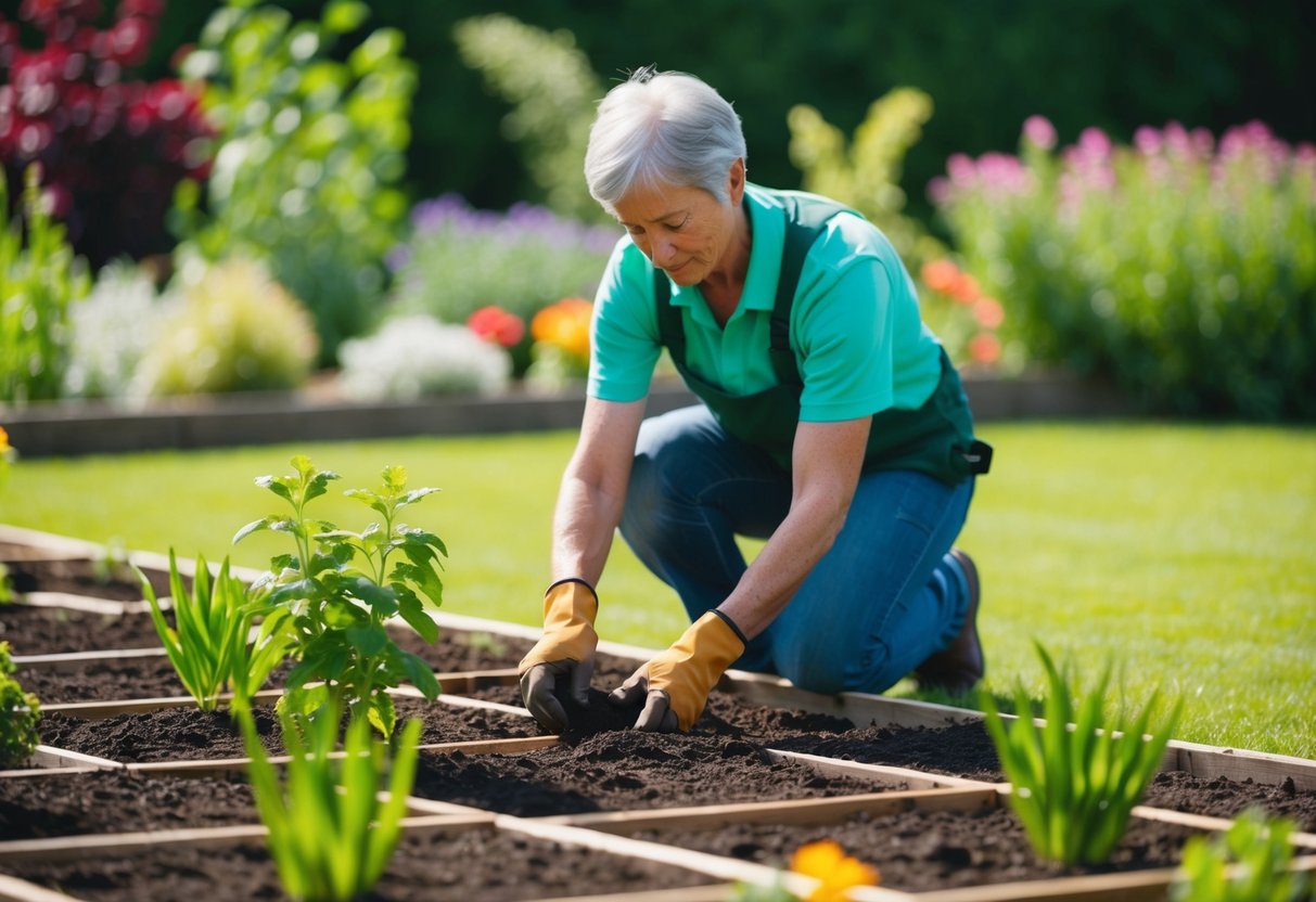 A person planting bedding plants in a garden in June