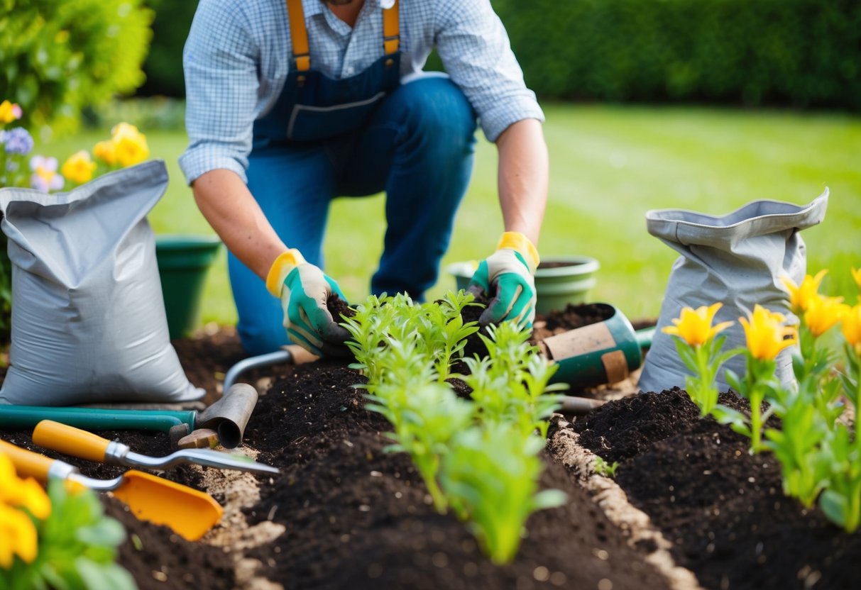 A person planting bedding plants in a garden in June, surrounded by gardening tools and bags of soil