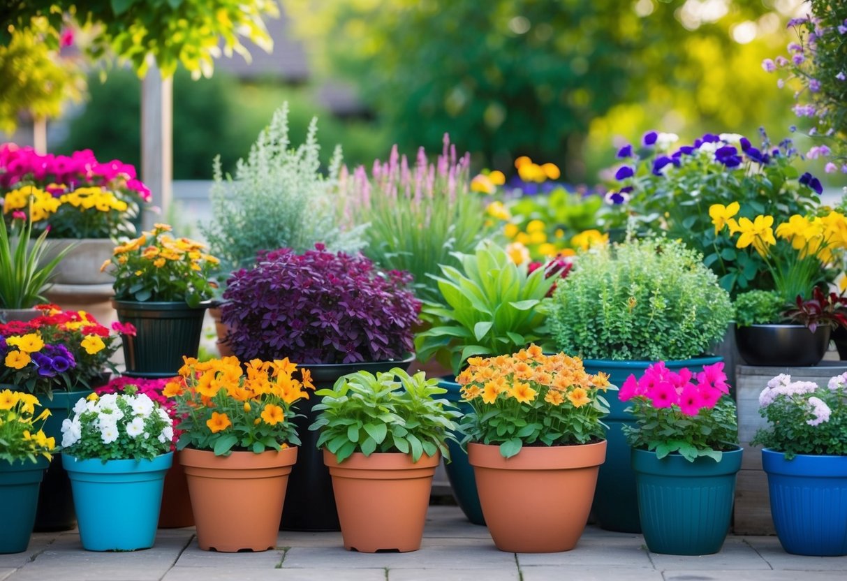 A variety of colorful bedding plants arranged in different containers, such as pots, hanging baskets, and window boxes, creating an eye-catching and vibrant display