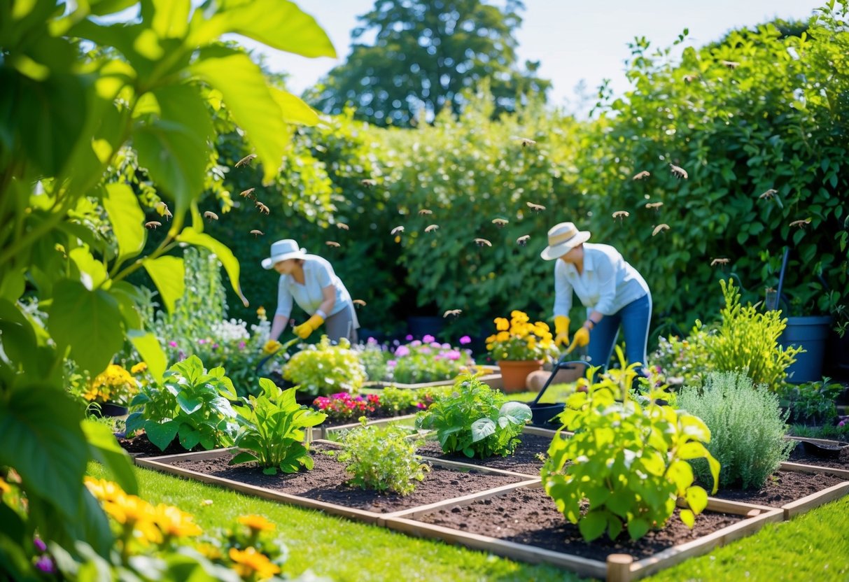 A sunny garden with a variety of colorful bedding plants being planted in June, surrounded by lush green foliage and buzzing insects