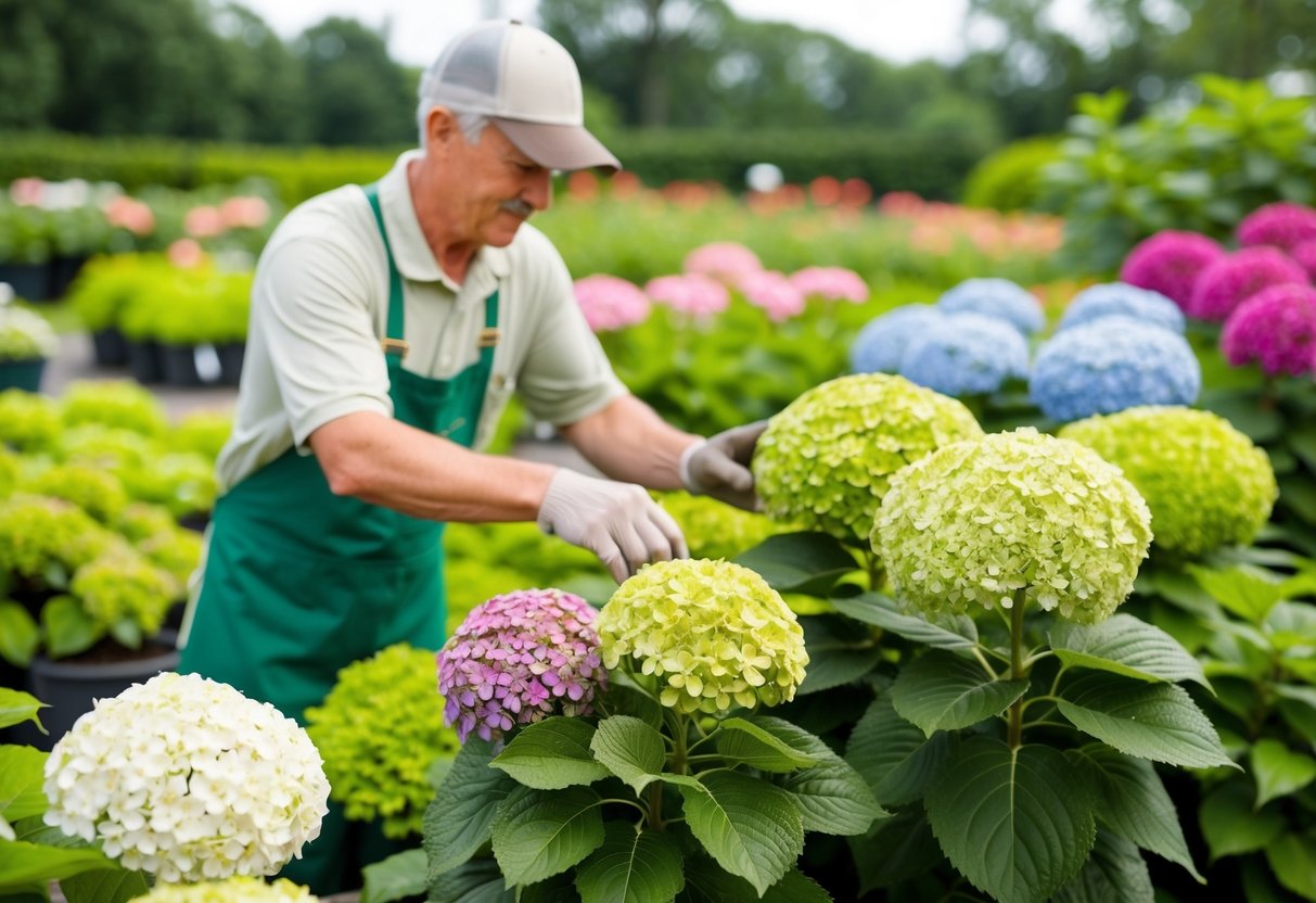 A gardener selects a hydrangea variety in a lush nursery garden