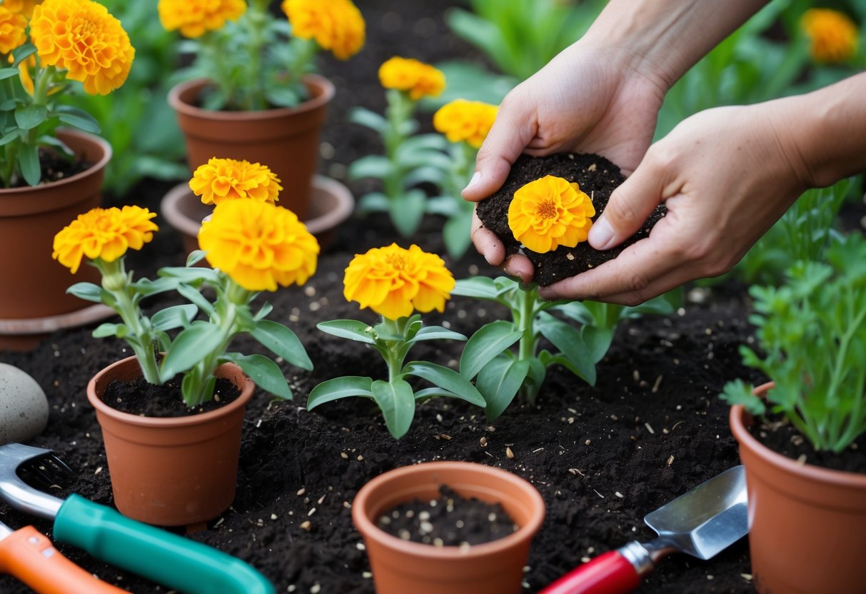 Marigold seeds being planted in fertile soil, surrounded by small pots and gardening tools