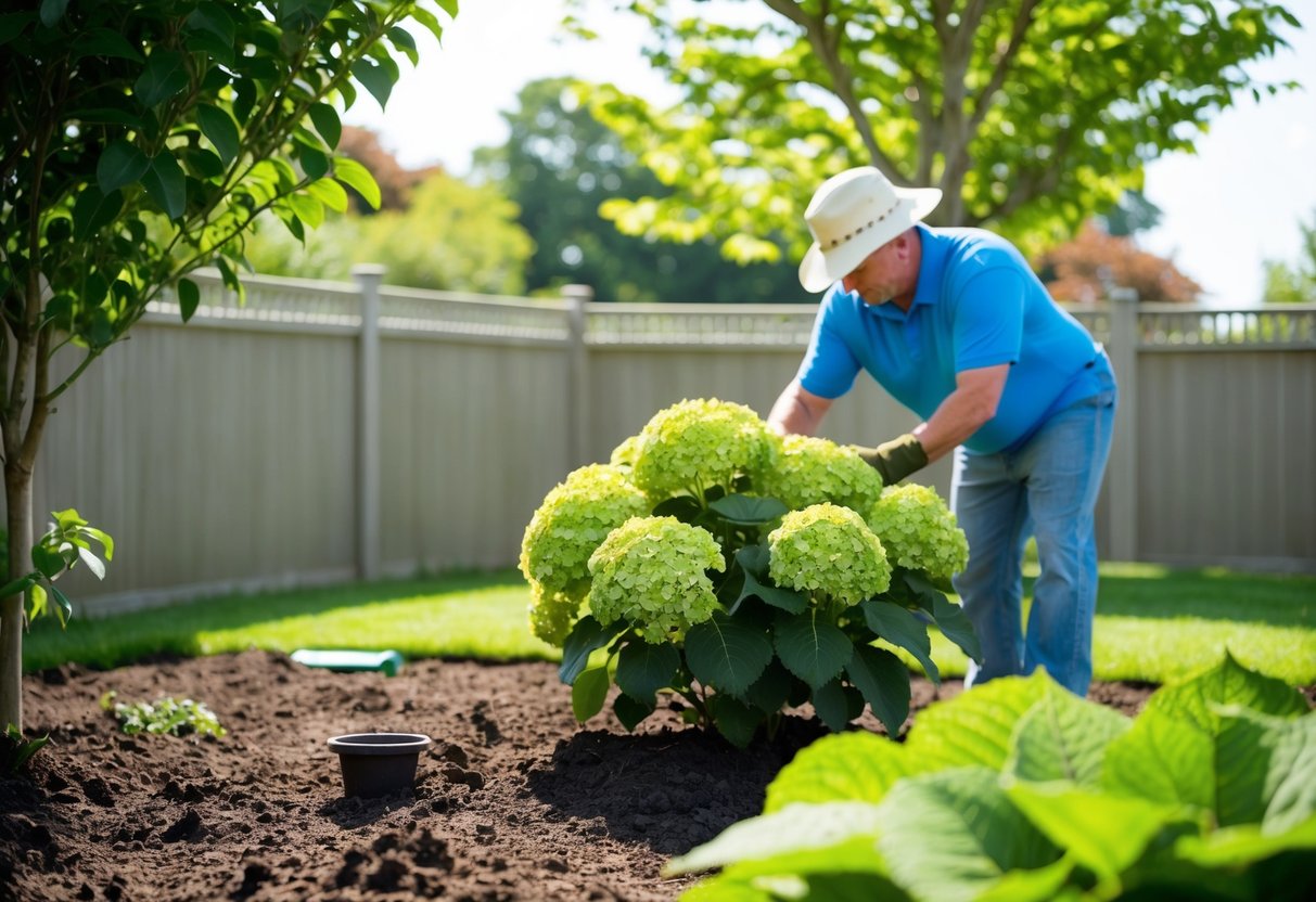 A sunny garden with rich, well-draining soil and partial shade. A gardener planting a hydrangea bush near a fence or under the dappled shade of a tree