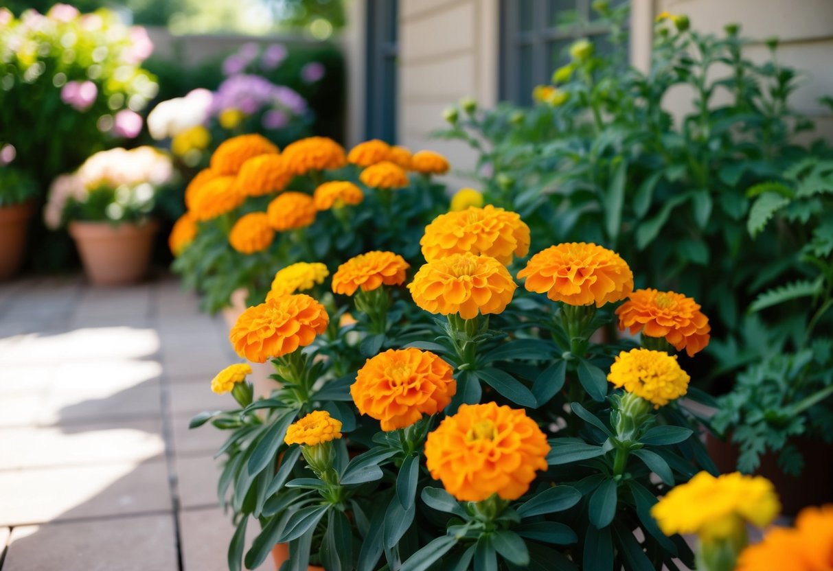 Bright marigolds basking in the sun on a patio, surrounded by lush green foliage and blooming flowers