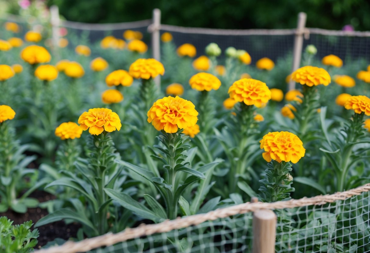 A garden scene with marigold plants surrounded by protective barriers, such as netting or fences, to keep pests and disease away