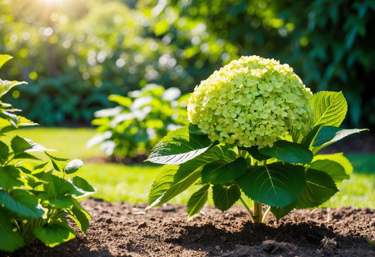 A lush garden with dappled sunlight, rich soil, and a gentle breeze, featuring a hydrangea plant thriving in a well-chosen spot