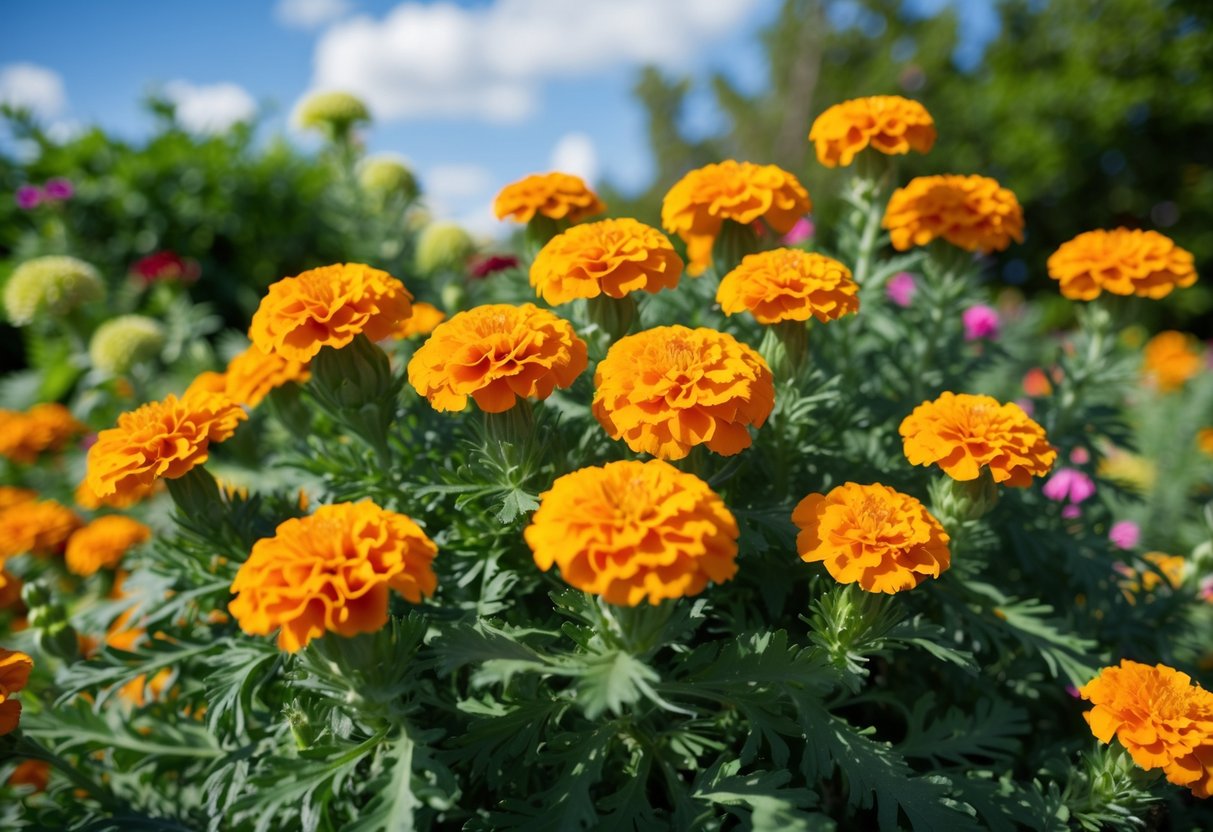 Vibrant marigolds bloom in a sun-drenched garden, surrounded by lush green foliage and thriving under the open sky