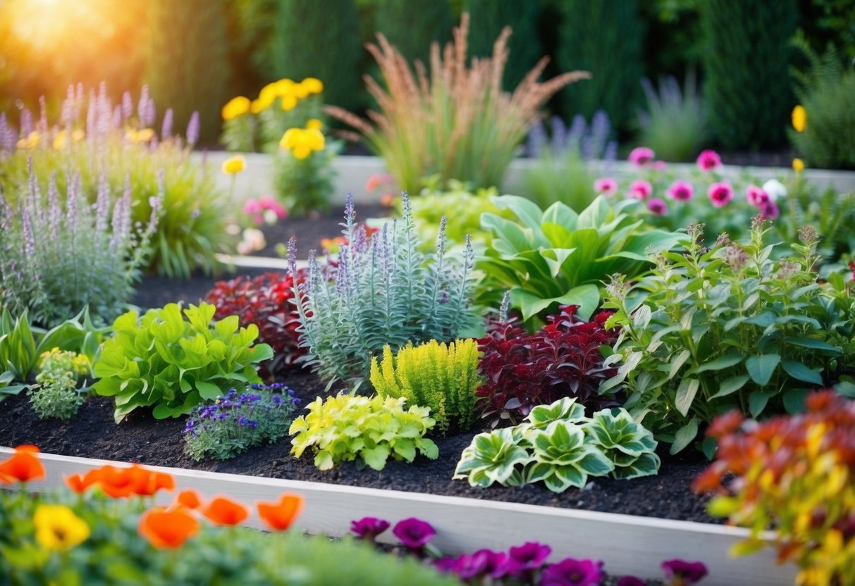 A colorful garden bed with various perennial plants arranged in a planned layout