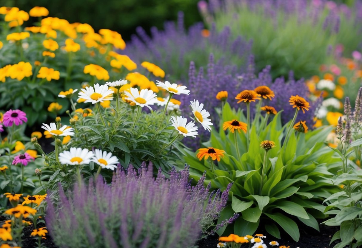 A colorful array of perennial bedding plants in full bloom, including daisies, lavender, and coneflowers, fill a well-tended garden bed