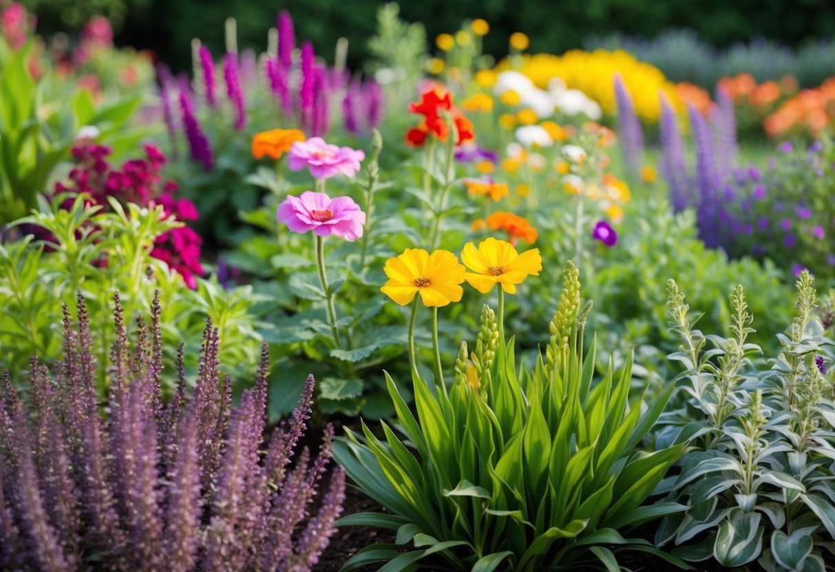 A colorful perennial garden with a variety of flowering plants and foliage, showcasing the beauty and diversity of perennial bedding plants